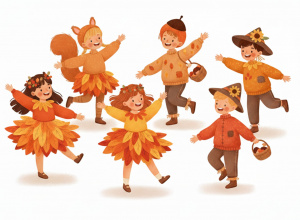 Kolorowa grafika przedstawiająca dzieci w jesiennych przebraniach.