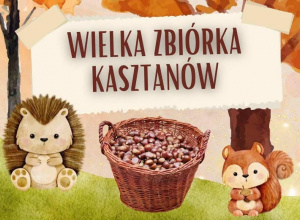 Kolorowy plakat z jeżem, wiewiórką i napisem "Wielka zbiórka kasztanów"