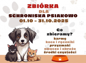 Plakat informujący o zbiórce karmy dla schroniska.